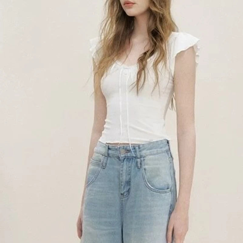 Lunivop  French Streetwear V Neck Ruffle Fly Sleeve Base T Shirts Fashion Spliced Lace Bow Appliques Design Solid Top Y2k Punk Clothes