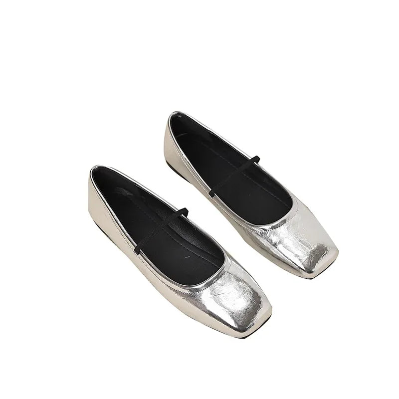 Lunivop New Women Mary Janes Soft Sole Flats Ladies Retro Square Toe Silver Gold Party Leather Loafers Elegant Slip-on Ballet Shoes