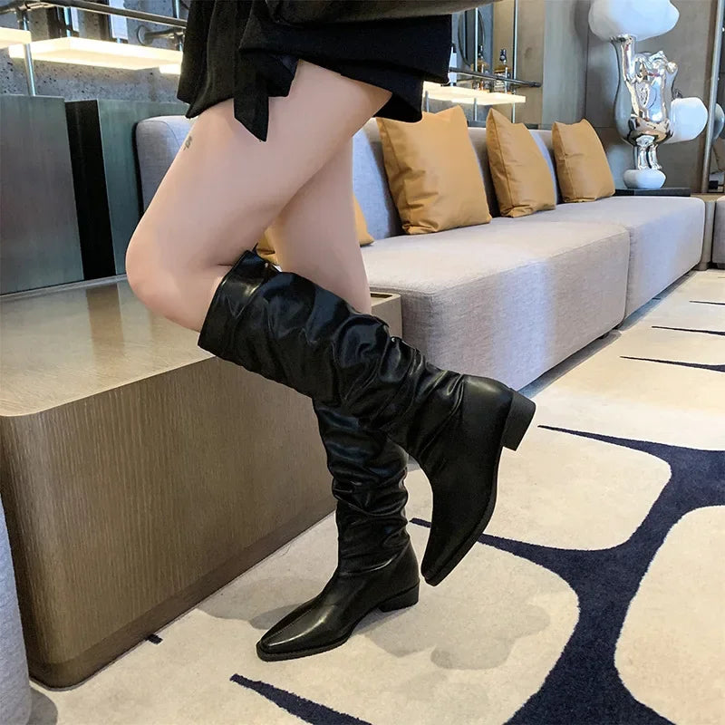 Lunivop Autumn Winter New Knee High Boots Women Punk Style Pleated Suede Leather Long Boots Woman Slip on Western Cowboy Botas De Mujer