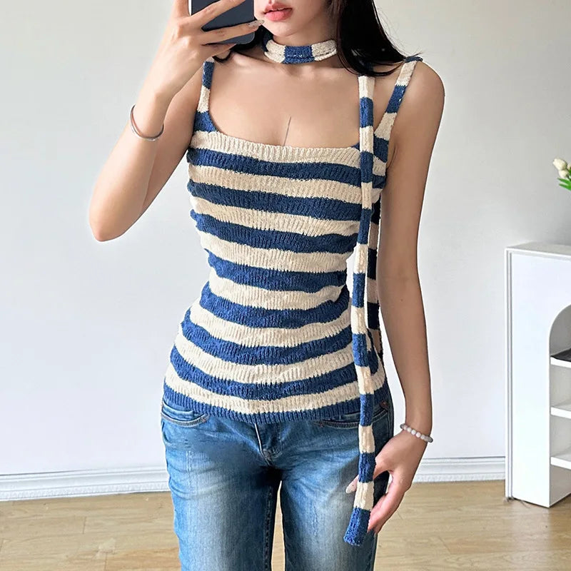 Lunivop Y2k Millenial Style New Lace-Up Halterneck Decoration Slim Knit Striped Pattern Long Sleeveless Vest Top Street Style Vest