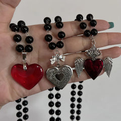 Lunivop Large Red Glass Heart Rosary Necklace Black Beaded Charm Goth Punk Hip Hop Rock Jewelry Accessories Gift Pendant Choker