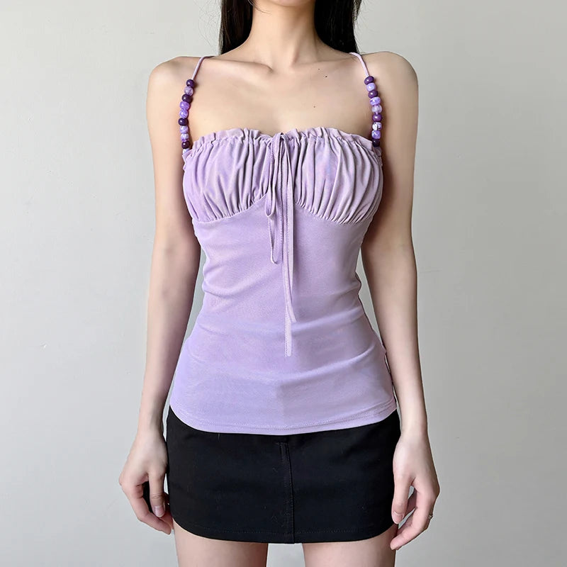 Lunivop  Elegant Solid Folds Camis Vintage 2000s Skinny Strap Crop Tops Women Holiday Style Transparent Mesh Tees Ladies y2k Vest