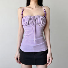 Lunivop  Elegant Solid Folds Camis Vintage 2000s Skinny Strap Crop Tops Women Holiday Style Transparent Mesh Tees Ladies y2k Vest