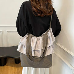 Lunivop  Retro Ruffle Gray Tote Bag Women Canvas Patchwork Large Capacity Bucket Bag Ladies Everyday Casual Harajuku Style Shoulder Bags