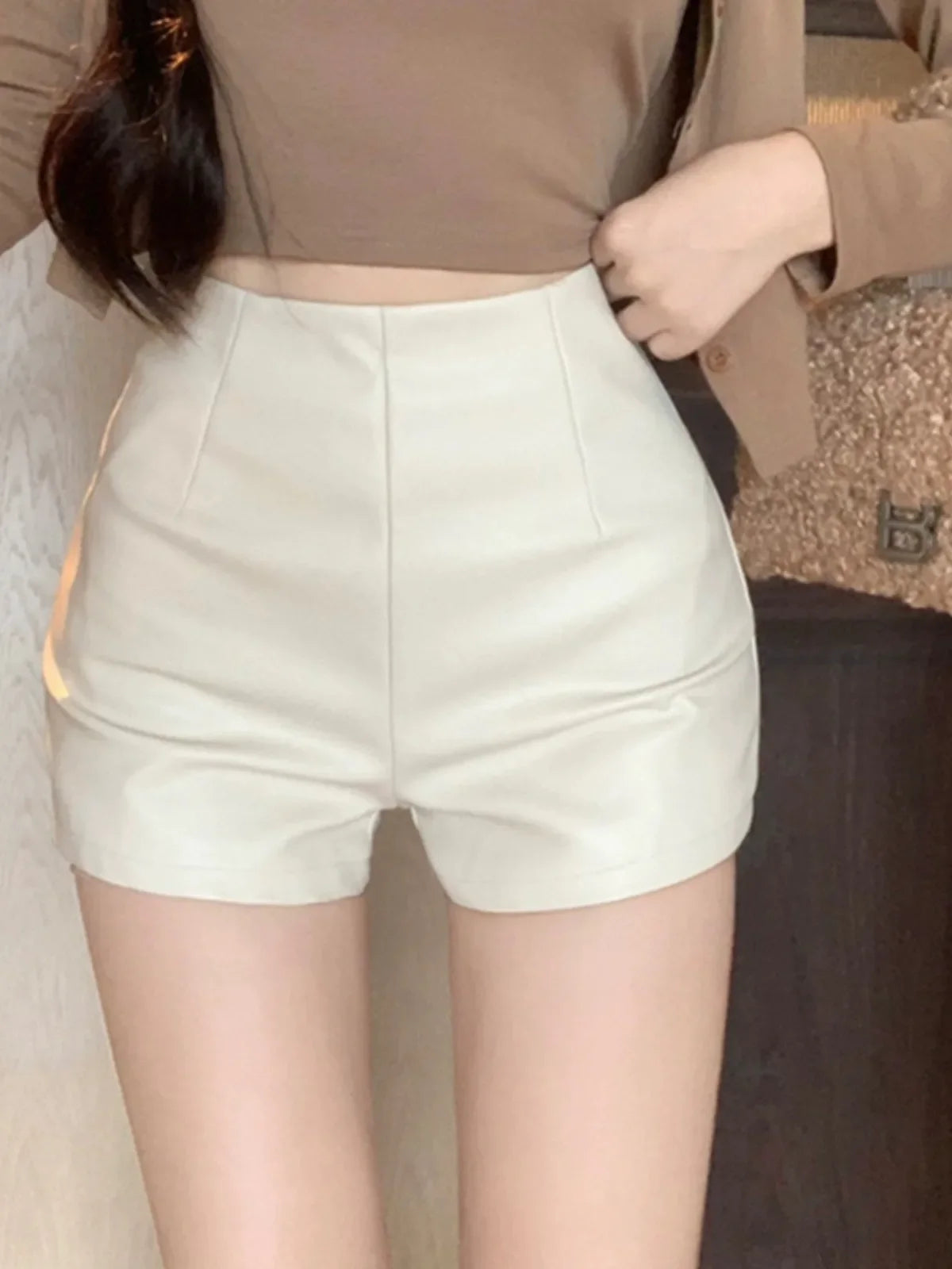 Lunivop Women's New Autumn Black Leather Shorts High-waisted Slimming Tight A- line Casual Pants For Smooth Slimmed Silhouette