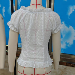 Lunivop  Women Vintage Babydoll Milkmaid Blouse Floral Embroidery Eyelet Top Button Down Frilly Trim T-shirt Y2k Cottage Puff Sleeve Tee