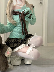 Lunivop  Y2k Kawaii Lolita Knitting Long Sleeve Bow 2-piece Set Vintage Chic Slim Off Shoulder Sweater + High Waist Lace Skirt Suit New