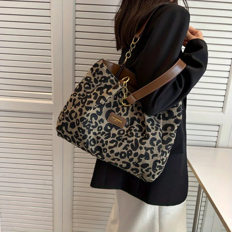 Lunivop   Leopard Print Canvas Tote Bag, Fashionable Shoulder Bag For Women, Perfect For School, Office, And Shopping