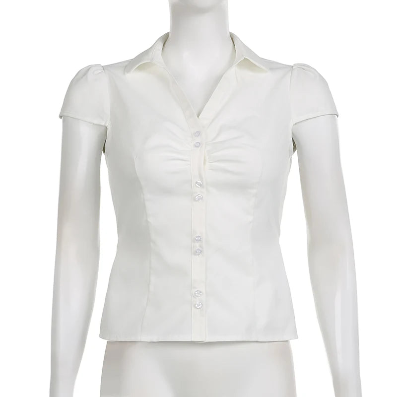 Lunivop  Vintage Folds Crop Top White Button Up Short Sleeve Blouse Women Bandage Korean Fashion T-shirt Casual Streetwear y2k Tee