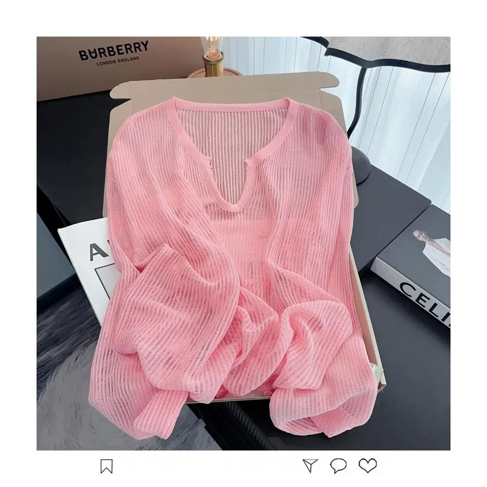 Lunivop Long Sleeve Mesh Top Pullovers Women Lightweight Sweater Sheer Knit Blouse Teen-girl Beach Cover-up Breezy Summer Casual Outfit