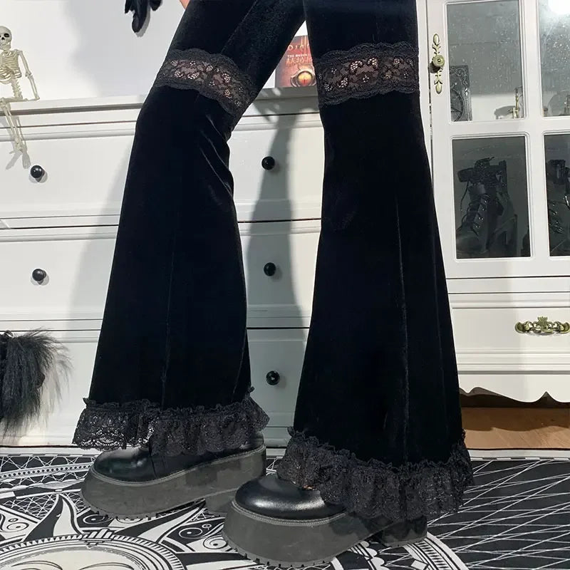 Lunivop Mall Goth High Waist Flared Pants Aesthetic Sexy Lace Patchwork Women's Pants Vintage Elegant Velvet Christmas Trousers