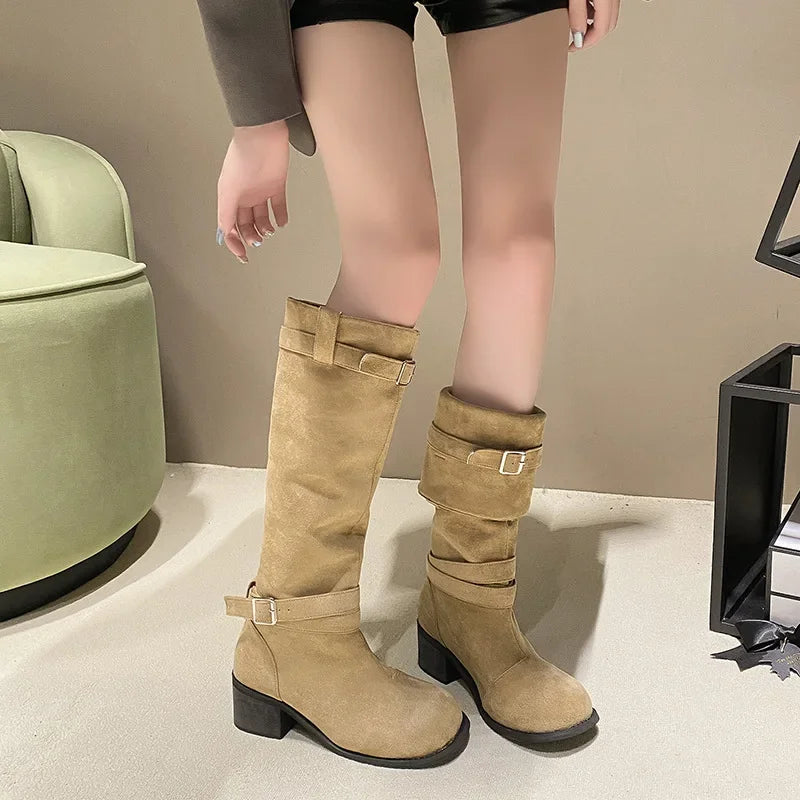 Lunivop New Fashion Suede Women Western Cowgirl Boots Designer Buckle Slip on Long Boots Square Thick Heels Cowboy Boots Female Shoes