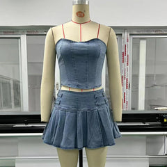 Lunivop  Vacation Outfits Women Denim Skirt Sets Summer New Strapless Crop Tops Y2k Clothes Two Piece Sets Sexy Pleated Skirt New