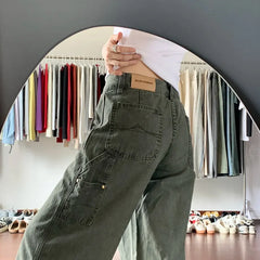 Lunivop  American Retro Army Green Cargo Jeans for Women Autumn Winter High Waist Slim Design Straight Wide Leg Floor Length Pants