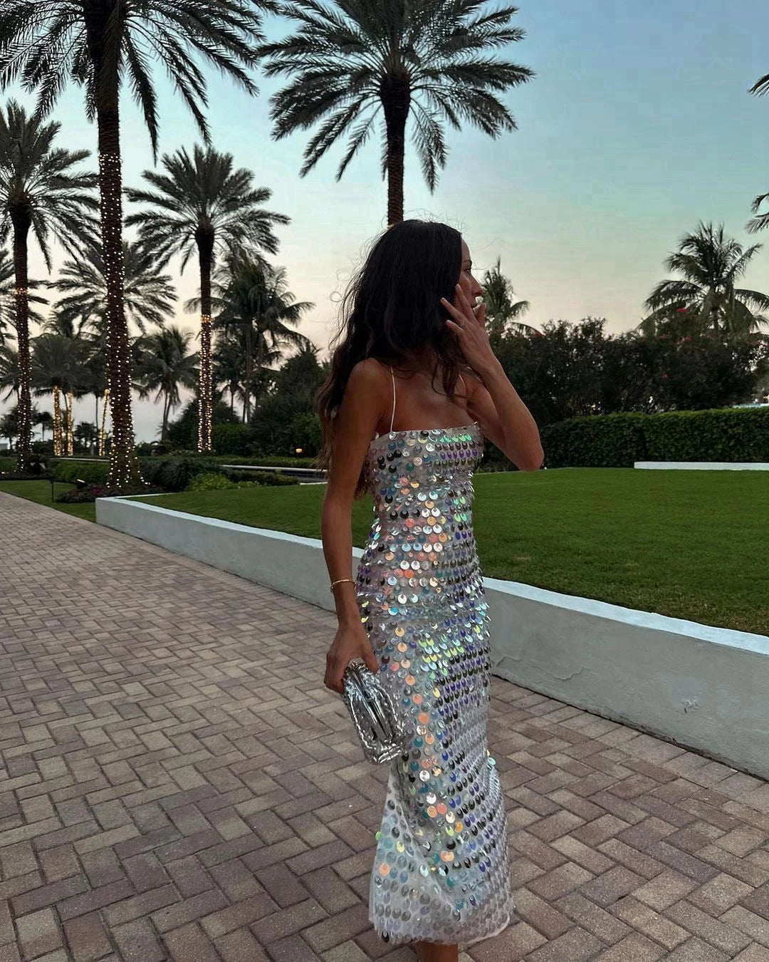 Lunivop Glitter Spaghetti Strap Sequined Party Dress Silver Sequins Mermaid Dresses Women Sexy Sleeveless Ankle Length Dress Summer