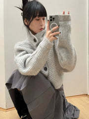 Lunivop Gray Turtleneck Knitted Cardigan Harajuku Korean Style Cropped Sweaters Gyaru Y2k Vintage Striped Loose Knitwears Basic