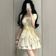 Lunivop  Puff Sleeve Fake Two Piece Patchwork Shirts Women+ Fashion Sweet Floral Ruched Cake Skirts 2025 Summer New Two Piece Sets