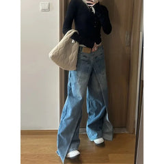 Lunivop Korean Retro Washed Splicing Casual All Match Jeans Women Spring New High Waist Loose Distressed Denim Wide Leg Pants