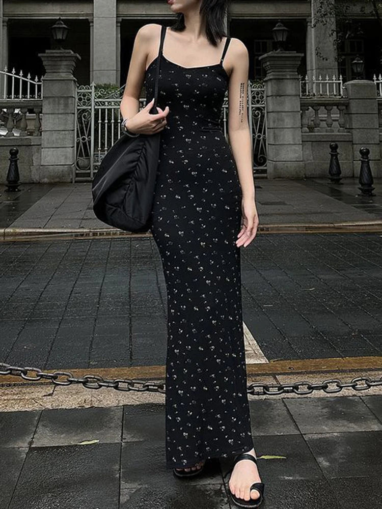 Women Summer Sexy Bodycon Dress Lady Sexy Spaghetti Strap Sleeveless Split Sheath Floral Dress Maxi Black Vestidos