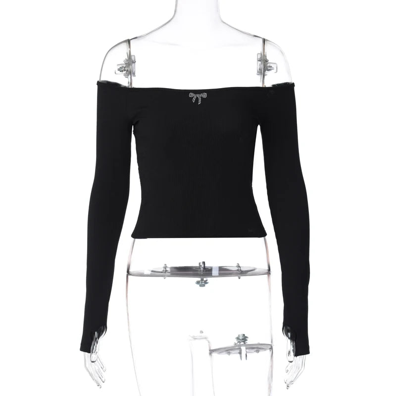 Lunivop Diamond Rhinestone Knit Rib Off The Shoudler Backless Stretch Hollow Out Tank Crop Top T Shirt Casual Streetwear Outfit