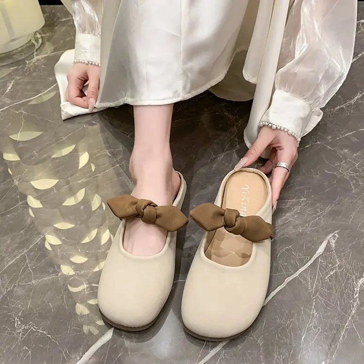 Lunivop Fashion Bowknot Pearl Flat Bottom Baotou Half Slippers Women New Summer Shallow Mouth Mary Jane Single Shoes Casual Slides