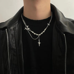 Lunivop Kpop Zircon Cross Star Beaded Necklace Men Imitation Pearl Star Pendant Necklaces Y2K Hiphop Star Tassel Choker Necklace Unisex