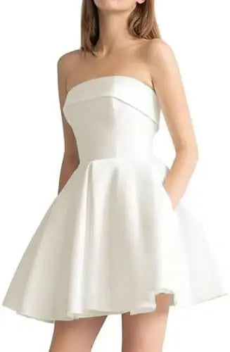 Lunivop  White Simple Wedding Party Evening Short Satin A Line Strapless Mini Length Bridesmaid Dresses Prom Homecoming Cocktail Lace Up