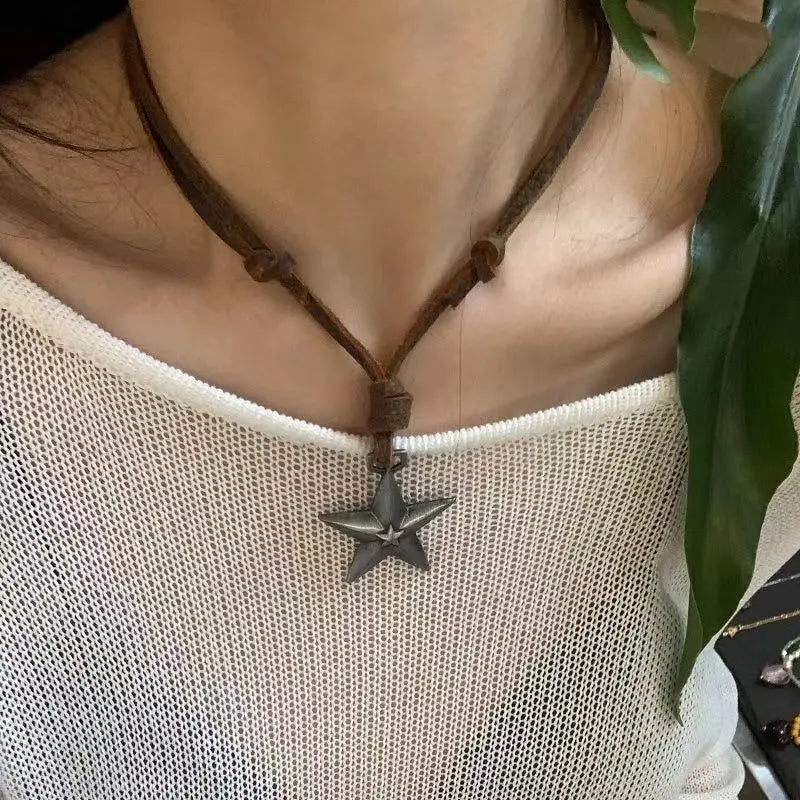 Lunivop Kpop Y2K Star Pendant Punk Necklace Cowboy Leather Rope Sweater Chain Adjustable Pentagram Long Necklace for Women Girl Jewelry