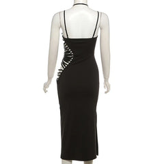 Lunivop  Solid Color Autumn New Women Clothing Tight Sexy Hollow Out Metal Fastener Decorative Rock Style Dress Party Clubwear