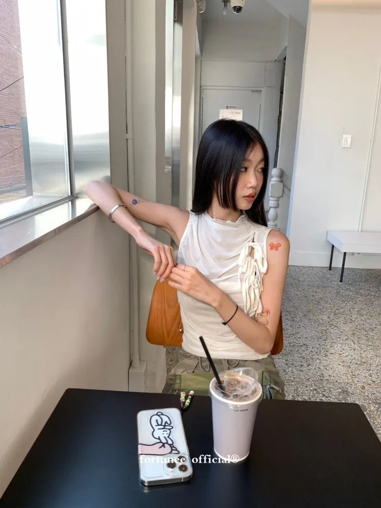 Lunivop  Double Layer Mesh Lace Up Slim Waist Ruched Vest 2025 Summer New Sleeveless Tops Mujer Y2k Simple All-match Tank Top