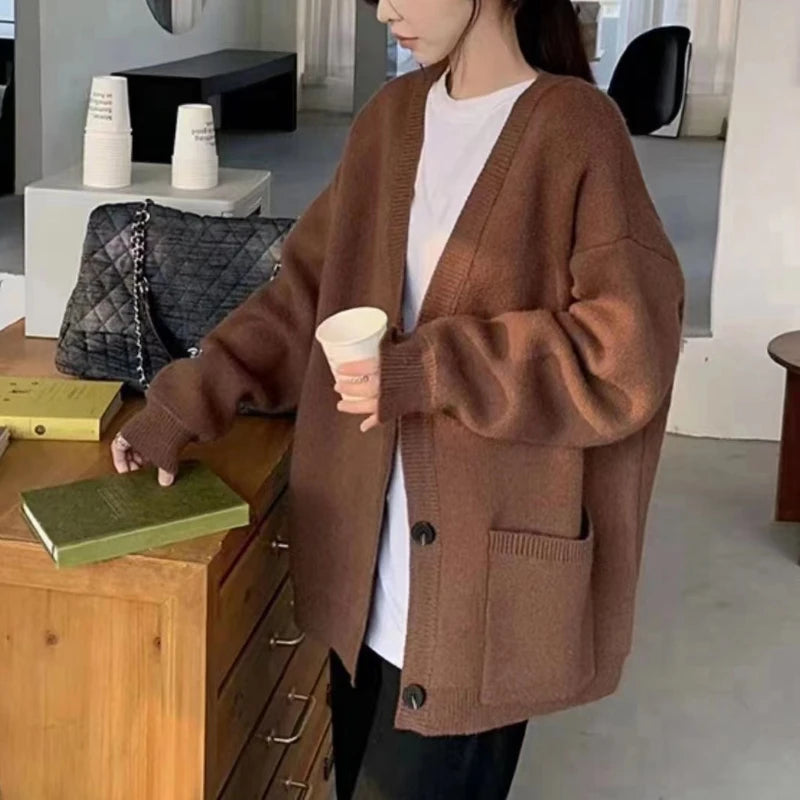 Lunivop Slouchy Knit Cardigan Sweater for Women Long Sleeve V-neck Comfy Button Up Sweater Jacket Female Autumn Winter Casual Outfit