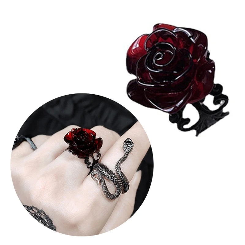 Lunivop Red Rose Gothic Victorian Rings Adjustable Finger Rings Goth Trendy Flower Open Rings Halloween Party Jewelry Wedding