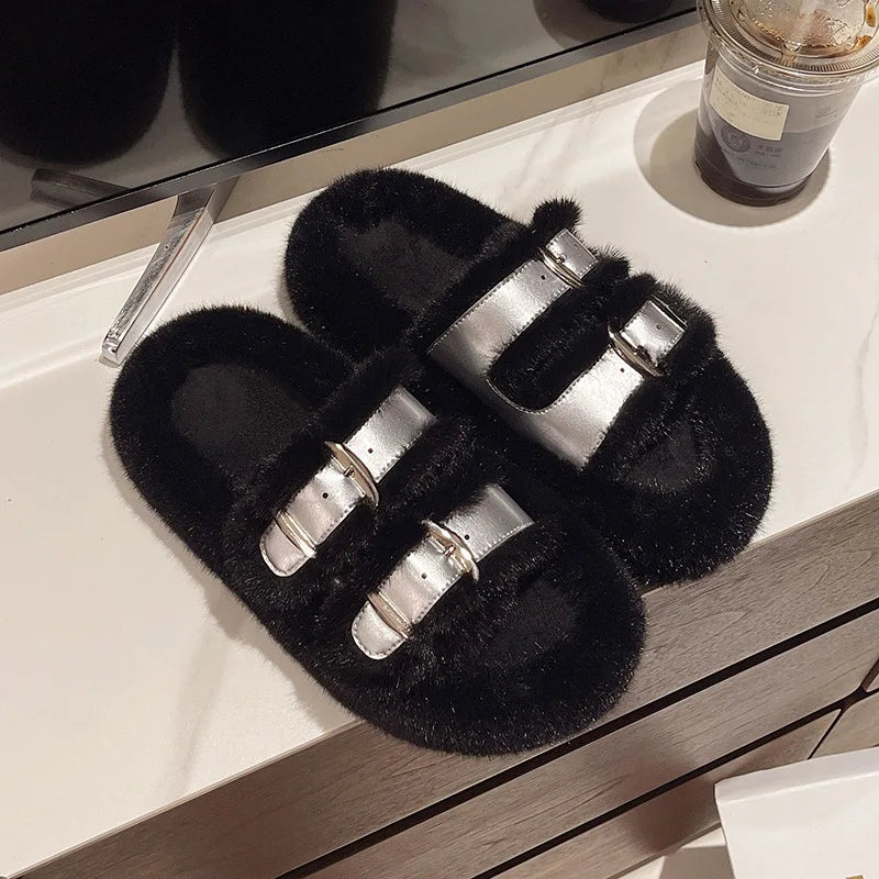 Lunivop New Cotton Shoes Winter Women's Slippers Comfort Short Plush Flats Fashion Buckle Platform Slippers Casual Female Shoes