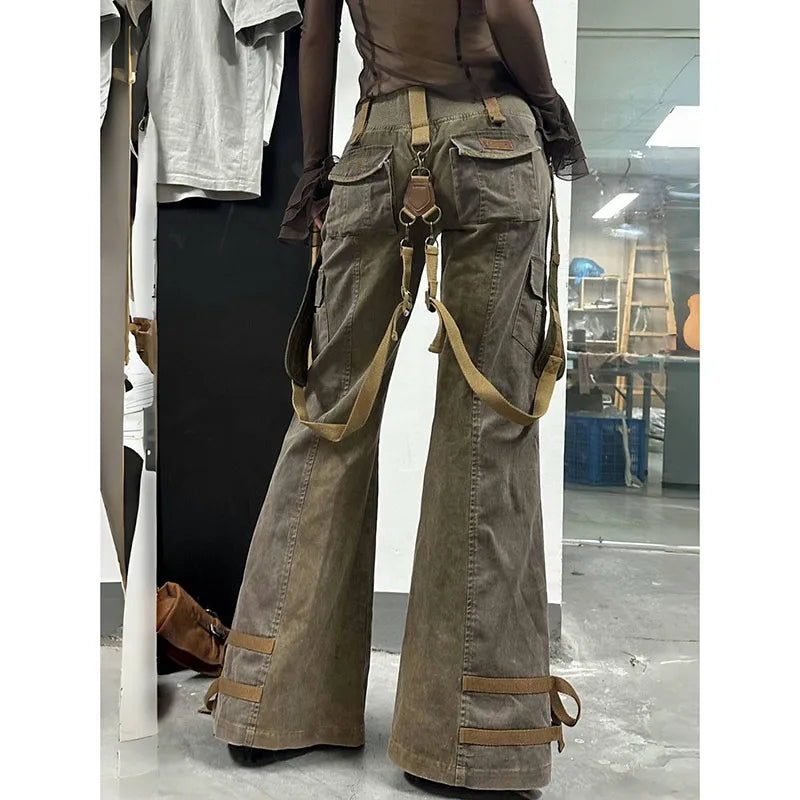 Lunivop Khaki Womens Jeans High Waist Vintage Straight Winter Denim Pants Street Multiple Pockets American Wide Leg Baggy Denim Trouser