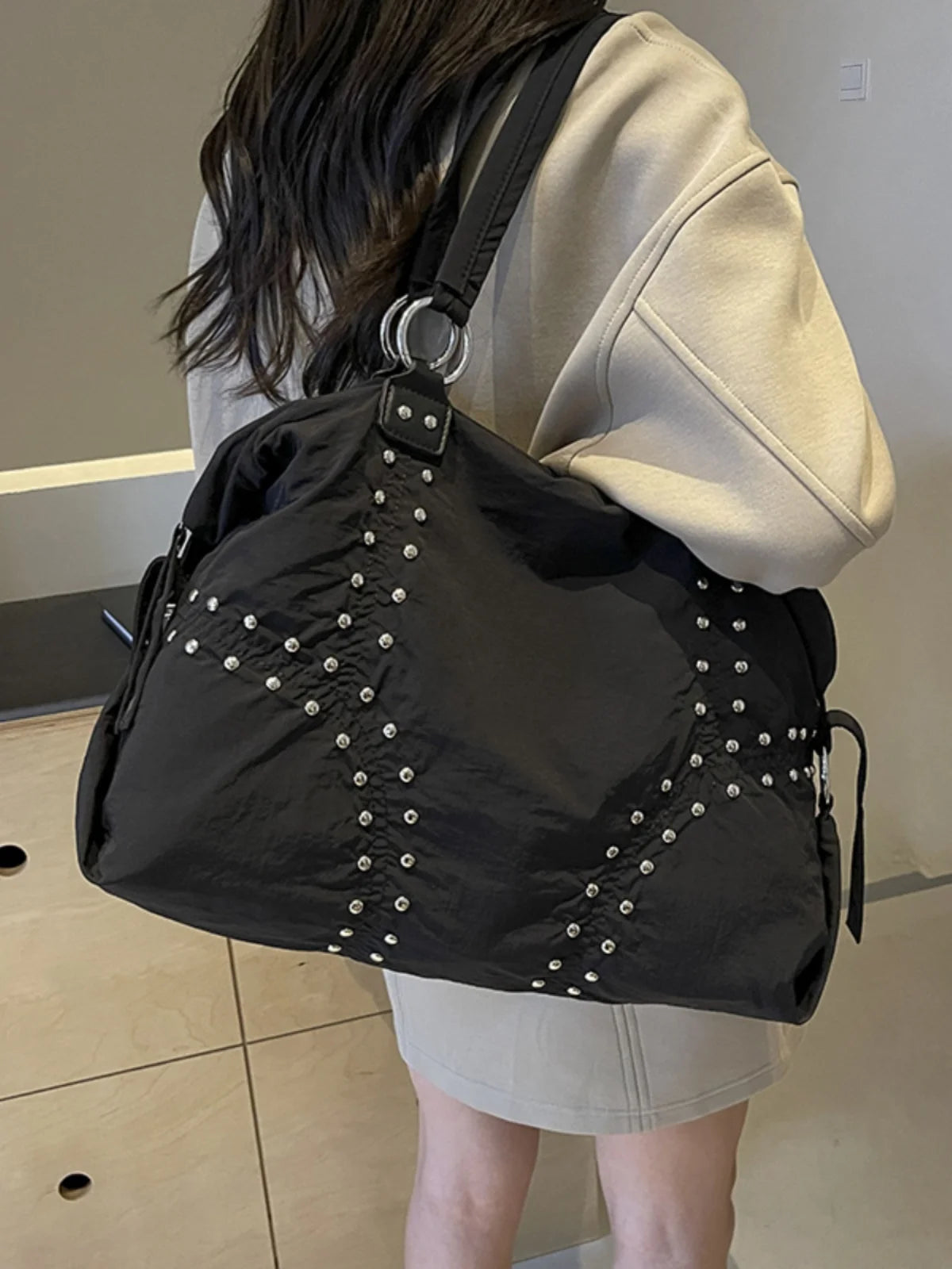 Lunivop   Faionable Nylon Rivet Underarm Tote Bag Women's Large oulder Bag Commuter Bag Sli Autumn Trend Youth Pure Color Bag