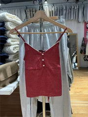 Lunivop  Vintage Red Plaid Buttons V-neck Camis Women Summer Casual Lace Trim Slim Simple Sleeveless Vests Sweet Preppy Style Tank Tops