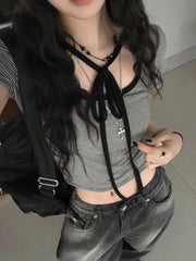 Lunivop  Short Sleeve Lace Up Striped Shirts for Women Harajuku Y2k Top Camisetas Grunge Clothes Y2k Graphic T Shirts Crop Top Ropa Mujer