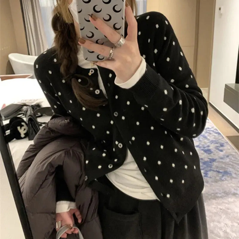 Lunivop Polka dot knitted cardigan ins women's spring and autumn new style layered design sense versatile slimming long sleeved top