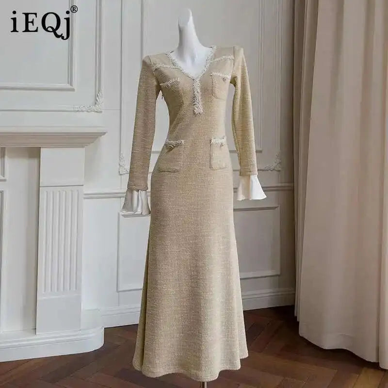 Lunivop  2025 Spring Summer New Pockets Lace Trim Detail Classic Women Dress Tweed Fabric Long Sleeve Bodycon Dresses Female