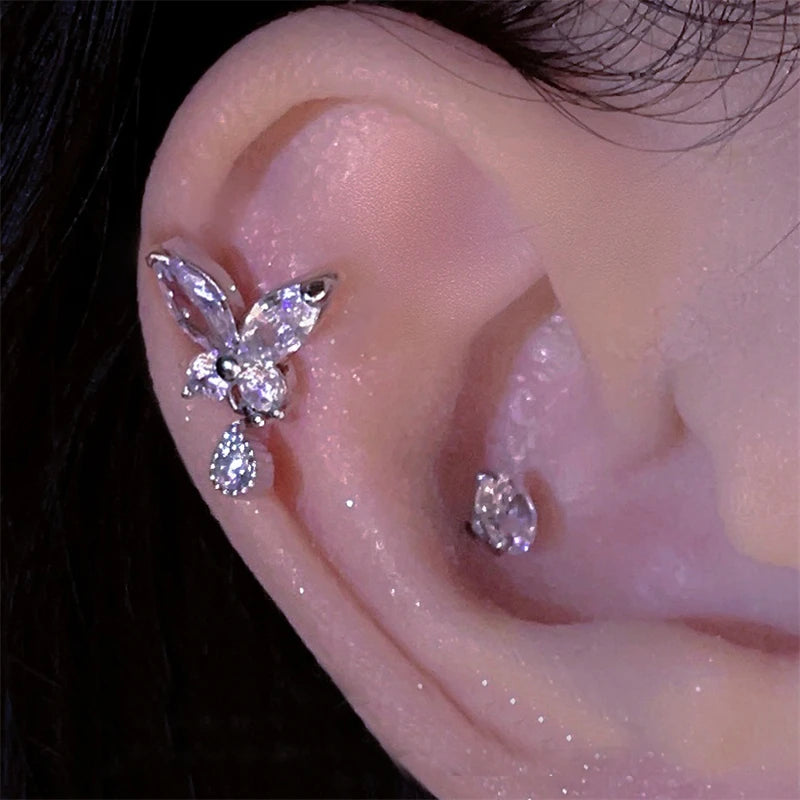 Lunivop Shiny Hollow Silver Color Rhinestone Butterfly 316L Stainless Steel Ear Bone Nail Delicate Waterproof Small Earrings for Women