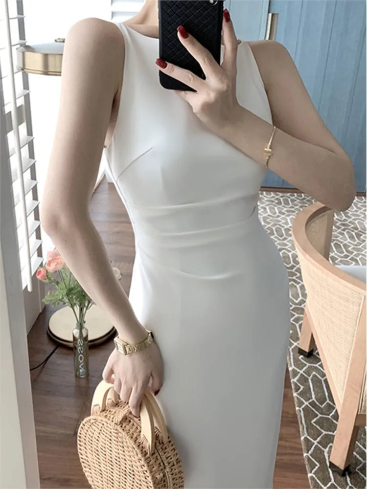 Lunivop  Women Spaghetti Strap Sleeveless Solid Sexy Dresses Summer New Fashion Office Lady Female Elegant Evening Party Midi Dress
