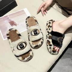 Lunivop Winter Fluffy Slippers Women New Leopard House Home Fur Slippers Women Designer Metal Decor Cozy Fuzzy Platform Slides