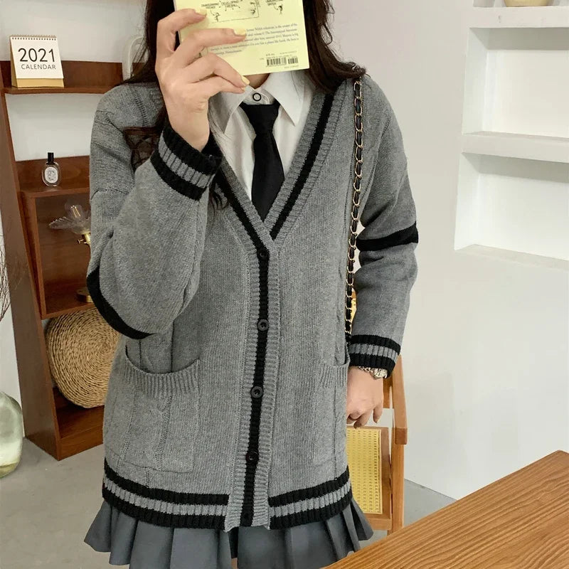 Lunivop Knit Cardigan for Women Long Sleeve Button-up with Contrast Trim Sweater Jacket Varsity High School Teen-girl Preppy Chic Outfit