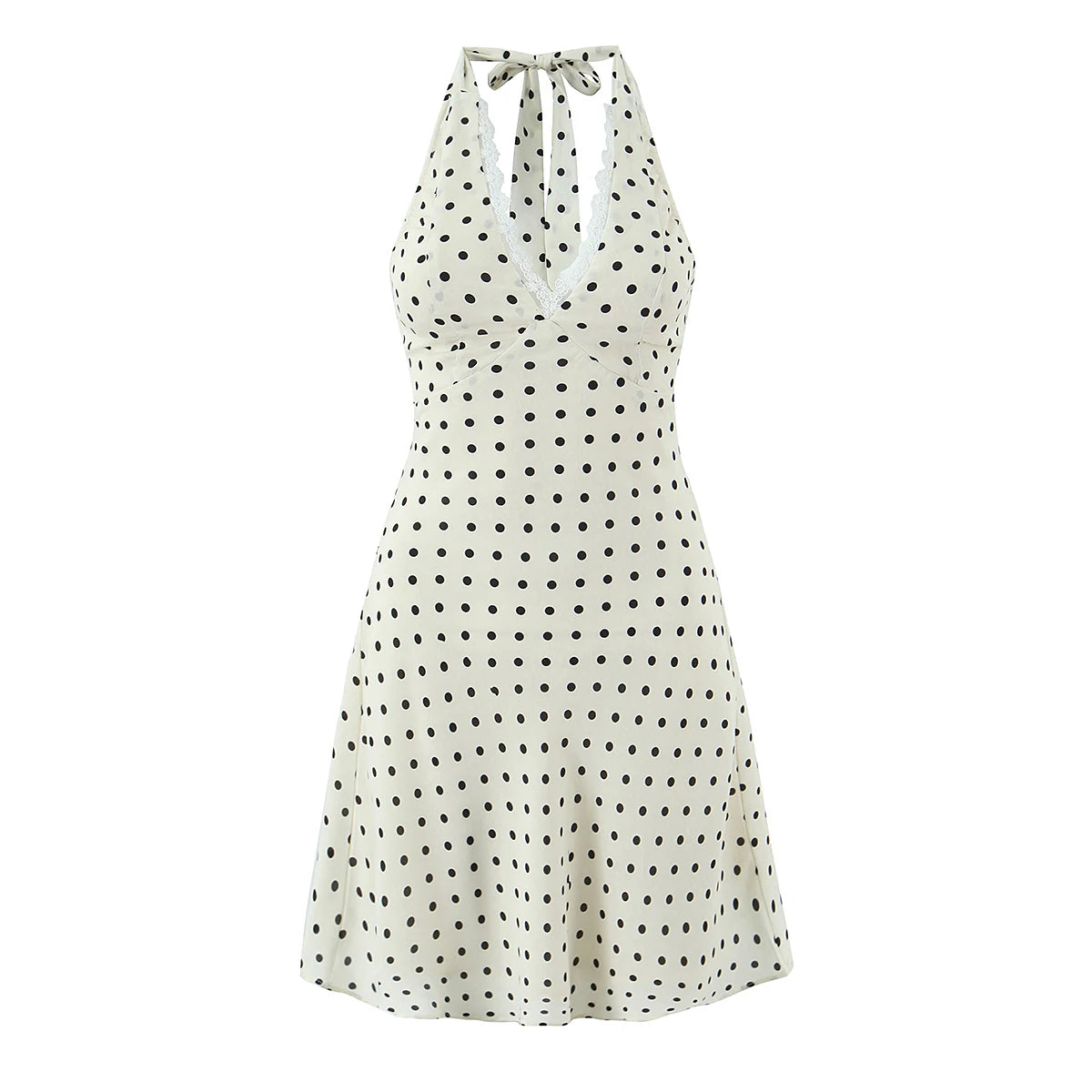 Lunivop  Sexy Beige Polka Dot Spliced Lace Bow Halter V Collar Backless Mini Dress Women Elastic Zipper Back A-line Short Robe Holiday