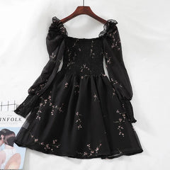 Lunivop  Women Sexy Black Chiffon Dress Spring Vintage Flower Long Puff Sleeve Dresses Korean Casual Mini Vestidos Elegant  Clothes