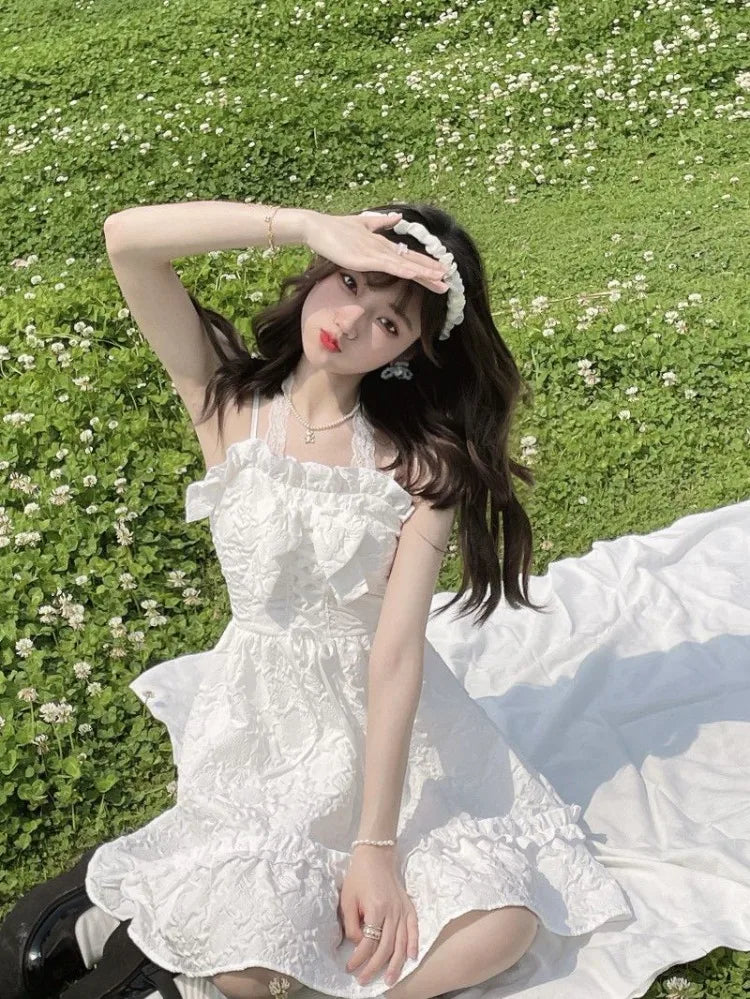 Lunivop  Elegant Sweet Halter Camisole Dresses 2025 Summer New White Dress for Women Fashion All-match Slim Waist Vestidos De Mujer