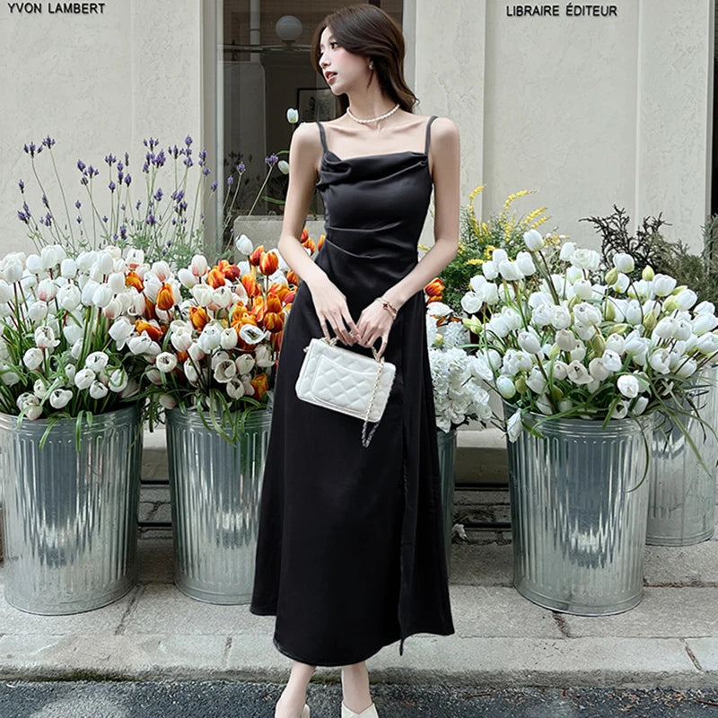 Lunivop  Summer Green Satin Swinging Collar Sling Long Dress Women Korean Vintage Luxury Party Vestidos Elegant Bodycon Night Dress