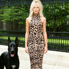 Lunivop  Ruched Patchwork Backless Leopard Print Halter Bodycon Maxi Dress Women Wild Sexy Turtleneck Sleeveless Slim Party Clubwear