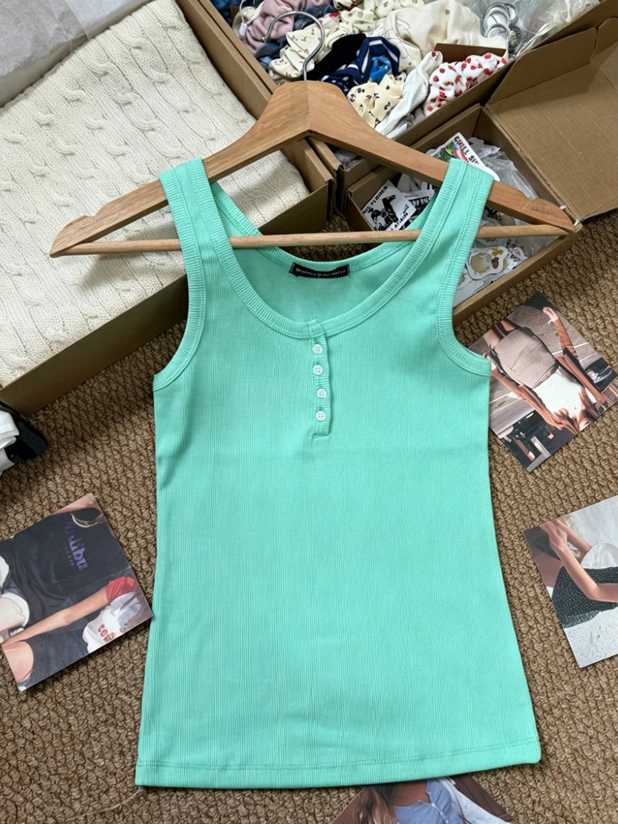 Lunivop  Ribbed Button Tank Tops Women Summer Casual Streetwear Slim Cotton Sleeveless Vests Female Vintage Simple Basic Vest Y2K