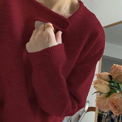 Lunivop 2025 Buckle V-neck Pullover Shoulder Bottom Sweater Women's Winter New Thick Inner Knitwear Loose Lazy Style Top